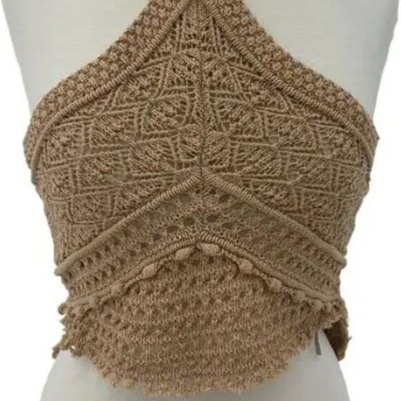 ZARA~ Boho Brown Crochet Crop HalterTop ~Size Small - Picture 2 of 5